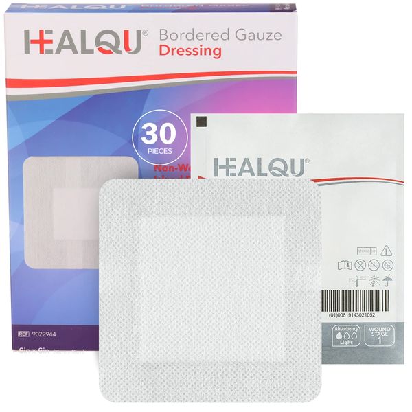 HEALQU Bordered Gauze Island Dressing, Sterilised Gauze Pads with Water-Resistant Backing - Soft and Breathable Wound Dressing for First Aid and Medical (6x6" (4x4" pad) Box of 30)