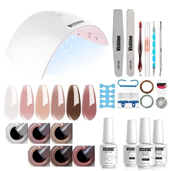 Vishine Gel Nail Polish Starter Kit with 36W UV LED Nail Lamp Speed Dryer Manicure Tools Set of 6 Sheer Milky White Neutrals Skin Nude Jelly Transparent Colors Gel Polish Base and Top Coat #055