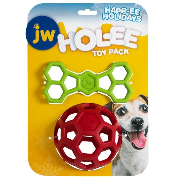 JW HOL-ee Holiday for Dogs, Treat Ball Dog Toy Throw Toy & Pull Toy - 2 Pack