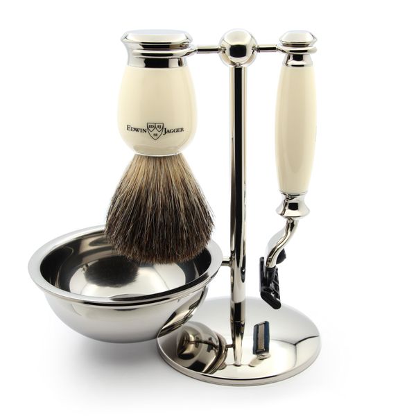 Edwin Jagger S81M587BAMZ Imitation Ivory & Nickel Classic Shaving Set with Pure Badger Shaving Brush, Mach 3 Razor and Shaving Bowl for Shaving Cream or Soap for Men