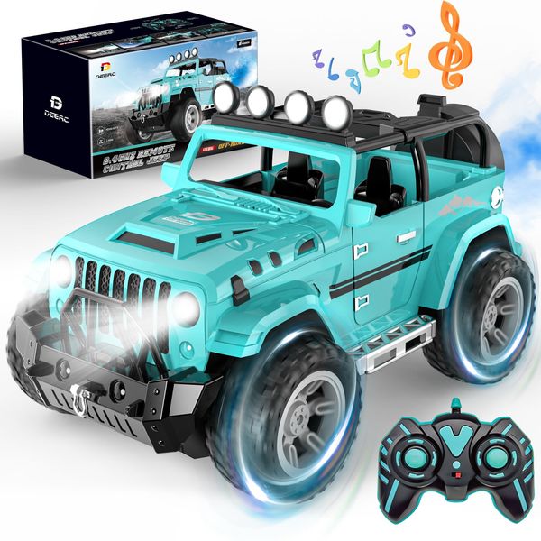 DEERC Remote Control Car with Fog Mist & Music, 1:16 Remote Control Truck for Boys, 2.4Ghz RC Car Toy with 2 Batteries, All Terrain SUV Gifts Crawler with Trailer Hitch