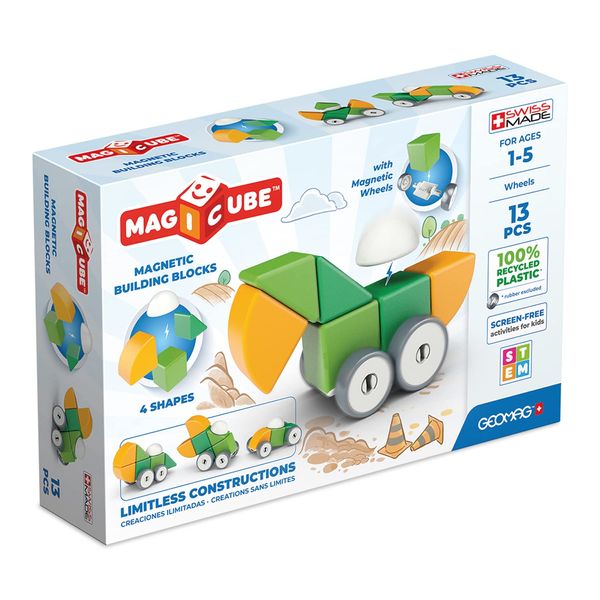 GEOMAG Swiss-Made MagiCube 13-Piece Magnetic Shapes & Wheels Building Set, Cars & Characters, Stacking Blocks for Toddlers & Kids Ages 1-5, STEM Educational Toy, Creativity, Imagination, Learning