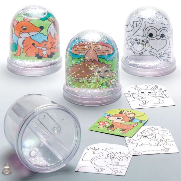 Baker Ross AR618 Woodland Animal Colour-in Snow Globes Value Pack — Creative Art and Craft Supplies for Kids to Make, Personalise and Decorate (Pack of 4), Assorted