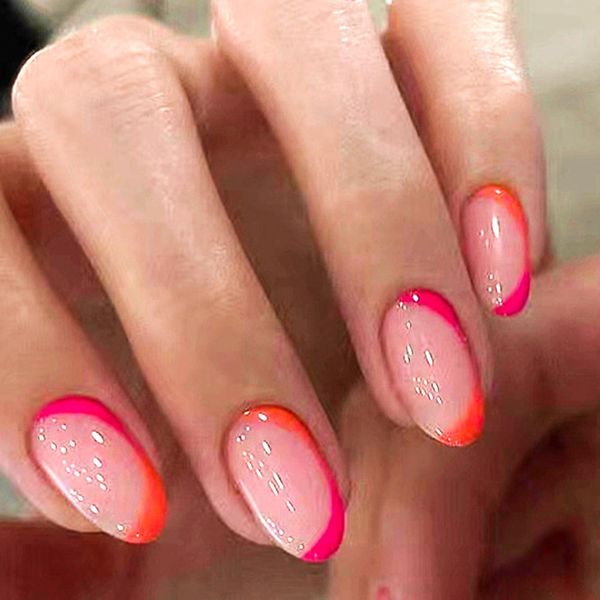 Acrylic Press on Nails Short Oval Rose Red and Orange French Tip Fake Nails Press ons Light Pink Full Cover Stick on Nails Glossy Artificial False Nails for Girls 24Pcs