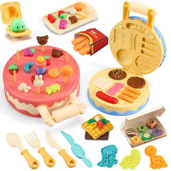 Color Dough Set Birthday Cake Color Dough Kitchen Creations Hamburger Maker Tools Kit for Kids Ages 4-8, Birthday Party Pretend Toys Gift,42 Pieces, with Candles and Dino Cookies