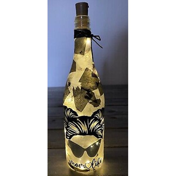 Handmade Black &White Mom Life Messy Bun Decoupage Lighted Wine Bottle Decor