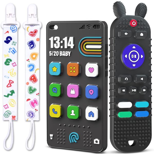 Kaodezhu TV Remote Control Shape Baby Teething Toys and Phone Shape Teether Toys for Babies 6-12 Months, Soft Flexible Silicone Chew Toys for Baby - Black