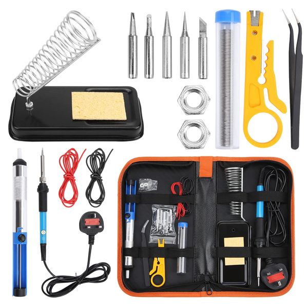 Holdfiturn Soldering Iron Kit with Solder 60W Welding Tools Adjustable Temperature Soldering-Iron Gun Kit with 5 Soldering Tips Desoldering Pump Solder Wire Wire Stripper Cutter Stand Tool Case