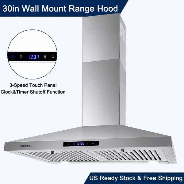 30 inch Wall Mount Range Hood Kitchen Stainless Steel 3-Speed Touch Panel New