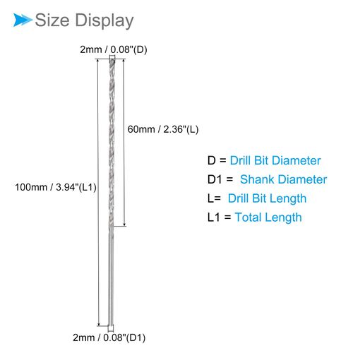 CoCud Mini Twist Drill Bit, 0.08 inch (2 mm) Drill Diameter, 3.9 inches (100 mm) Total Length, High Speed Steel Twist Drill Bit for Metal, Plastic, Woodwork, 5 Pieces
