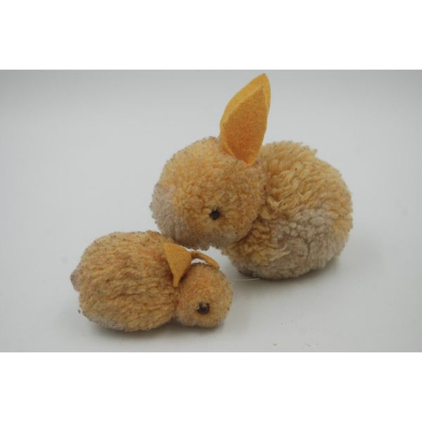 Vintage Steiff Pompom Bunnies (2 sizes) 1960, Germany, Wool Yarn & Felt