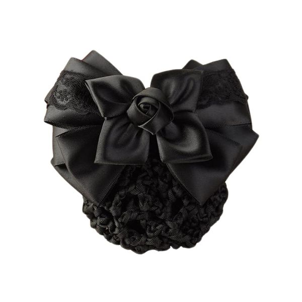 Women Hair Bun Cover Net Snood Hairnet Bowknot Decor Satin Bow Barrette French Hair Clip Bow Ribbon Flower Hair Accessories For Stewardess Banks Hotels Restaurant Staff (Black)