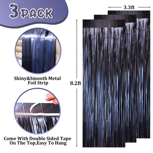 Voircoloria 3 Pack 3.3 x 8.2 ft Matte Blue Foil Fringe Curtains, Dark Blue Tinsel Streamers Batman Party Decorations, Fringe Backdrop, Door Shimmer for Graduation, Birthday Backdrop for Men or Boy