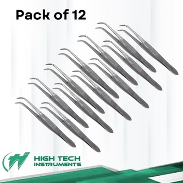 12 PCS STAINLESS STEEL FULL CURVED IRIS EYE DRESSING SERRATED  FORCEPS 4"