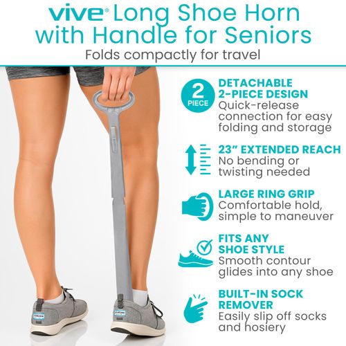 Vive Long Shoe Horn with Handle for Seniors (23") - Sock Remover and Long Handled Shoehorn for Men & Women - Boot, Shoe Helper and Sock Aid - Adjustable Extra Reach with Patent-Pending Foldable Design