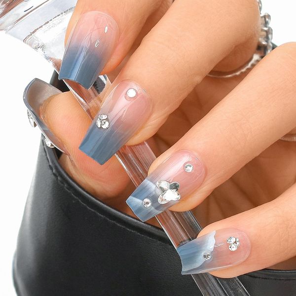 Sethexy Blue French Press On Nails Medium Coffin Glossy False Nails Gradient Fake Nail with Design 24PCS Full Cover Art for Women and Girls (4)