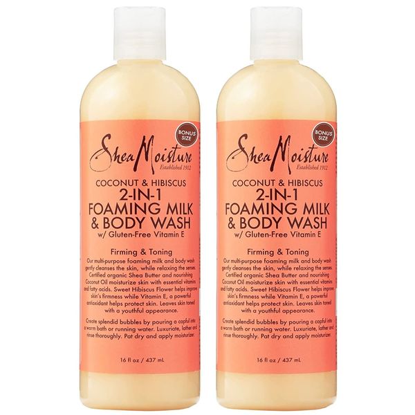 Shea Moisture Body Wash Moisturizing, Gluten Free Coconut & Hibiscus Foaming Milk & Body Wash Sensitive Skin, Coconut Oil, Vitamin E, Certified Organic Shea Butter, Family Size (2 Pack-16 Fl Oz Ea)