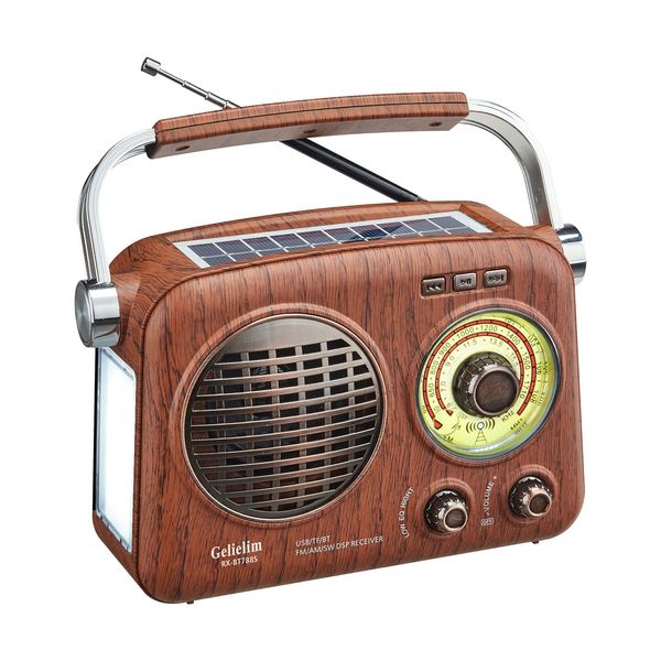 Gelielim Portable Radio, FM/AM/SW/Wide FM Compatible, High Sensitivity, Radio, USB/SD Card Compatible, MP3 Player, Loud Volume, USB Charging, Solar Charging, Retro Radio, LED Light Included