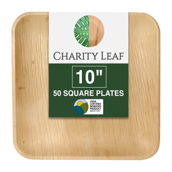 Charity Leaf Disposable Palm Leaf 10" Square Plates (50 pieces) Bamboo Like Serving Platters, Disposable Boards, Eco-Friendly Dinnerware For Weddings, Catering, Events