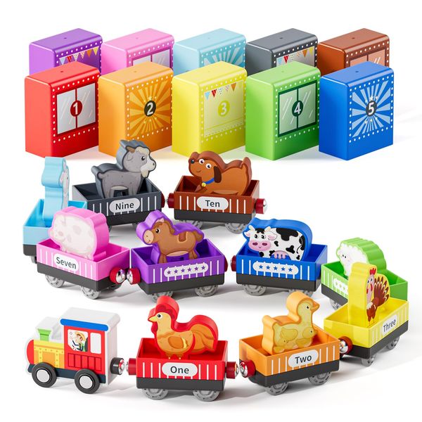 QODOFLR Wooden Animal Toy Train Set,Toddlers Toys for 1-3,Montessori Toys for Toddlers，Magnetic Train Toys,Preschool Educational Learning Toy,Sensory Toys for Kids,Ideal Gifts Boys, Girls