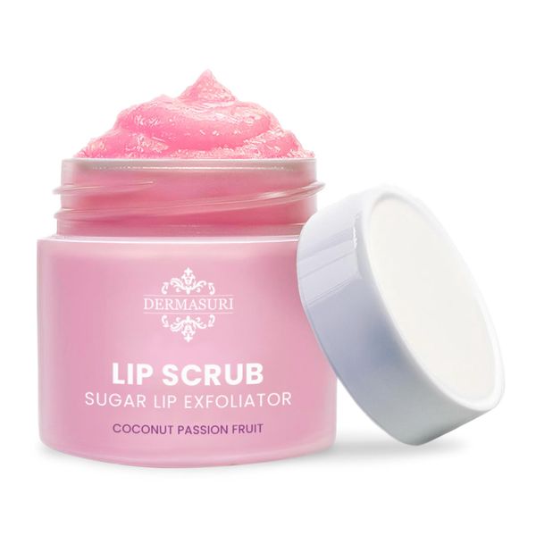 Dermasuri Lip Exfoliator Scrub and Moisturizer, Sugar Lip Scrub, Overnight Hydration & Moisturizer, Brighten Dark Lips For Men & Women, Lip Care for Dry Lips, Coconut Passion Fruit Flavor, 20g/0.7oz