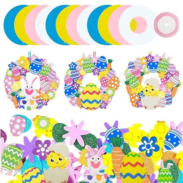 Xbessc 12 Stück Ostern Basteln Kinder Hängekranz Bastelset Ostern DIY Kranz Kit Osterdeko Basteln Kinder mit Küken Hasen für Frühling Osternzeit Kreative Kunsthandwerk Bastelhand Osterdeko