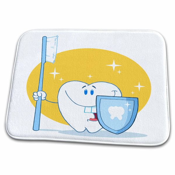Dish Drying Mat - Happy Smiling Tooth With Toothbrush And Shield More Random Cartoon Designs