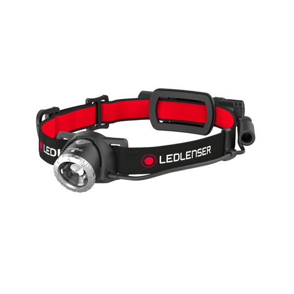 Ledlenser H8R Headlamp LED, rechargeable Lithium 18650 battery, 600 lumens, focusable, up to zu 120h runtime, red rear back light, slewable, USB charging cable, Headlamp