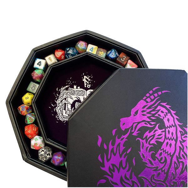 Fantasydice- Purple - Fire Dragon - Dice Tray - 8" Octagon with Lid and Dice Staging Area- Holds 5 Sets of Dice(7 / Standard) For All Tabletop RPGs Like D&D, Call of Cthulhu, Shadowrun.