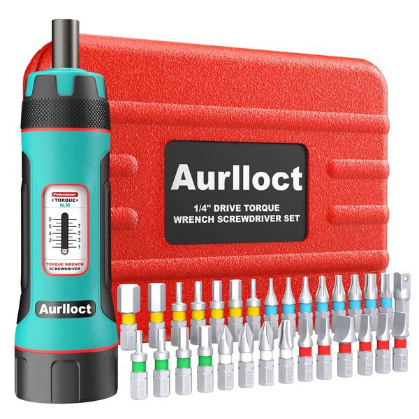 Aurlloct 1/4" Torque Screwdriver Wrench Set, 1-8 Nm, 31 Pieces Torque Wrench Bits Set with 1/4" Hex to 1/4" Socket Adapter