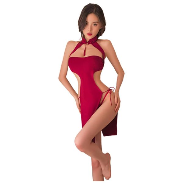 [YAISHN] Cheongsam Dress, Sexy, Cosplay, Chipao, Chested, Black, Red, Extreme, Erotic, Cute, Women's, Exposed, Exposed, Miniskirt, One-size-fits-all, 2-piece Set (Red)