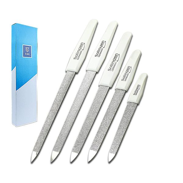 SMI 5 Pcs Solingen Germany Sapphire Metal Nail File Set + 1 Curved File - Fine and Coarse Nail Files - Double Sided Professional Manicure Pedicure Kit Best Nail File for Fingernail Toenail Care