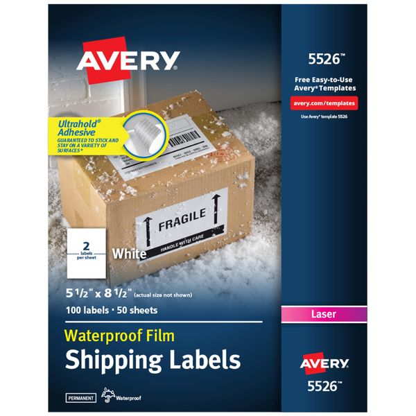 Avery Waterproof Printable Shipping Labels with Sure Feed, 5.5" x 8.5", White, 100 Blank Mailing Labels (5526)