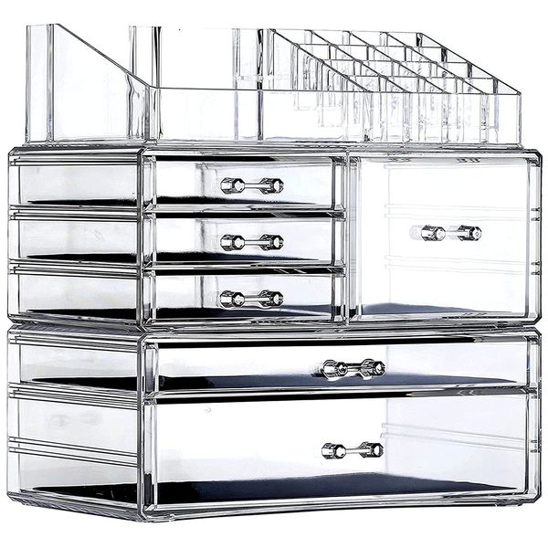 Cq acrylic Clear Makeup Storage Organizer Drawers Skin Care Large Cosmetic Display Cases Stackable Storage Box With 6 Drawers For Dresser,Set of 3