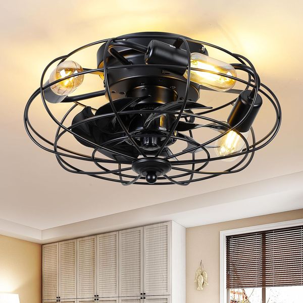 15" Flush Mount Caged Ceiling Fans with Lights, 3 Speeds，Low Profile Ceiling Fan