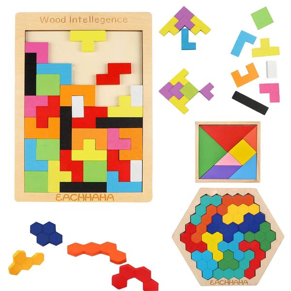 EACHHAHA 3 in 1 Wooden Intelligence Puzzles Set,Tangram puzzles,Bright colors, Improve color recognition and logic abilities,Building Blocks Game,Puzzles for Kids