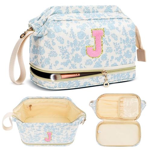 Personalized Makeup Bag Initial Graduation Gifts, Teen Girl Gifts Trendy Stuff Cosmetic Bag, Teacher Appreciation Gift, Travel Make up Bag for Women Dance Recital Gift for Girls - Blue flower J