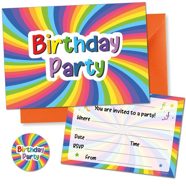 12 x Bright Rainbow Birthday Party Invitations with Orange Envelopes & Matching Stickers