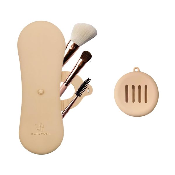 MultiValue Silicone Makeup Brush Holder & Beauty Blender Holder, 1pcs Portable Makeup Brush Travel Case + 1pcs Makeup Sponge Holder, Soft Silicone Makeup Brush Organizer Box for Travel (Khaki)