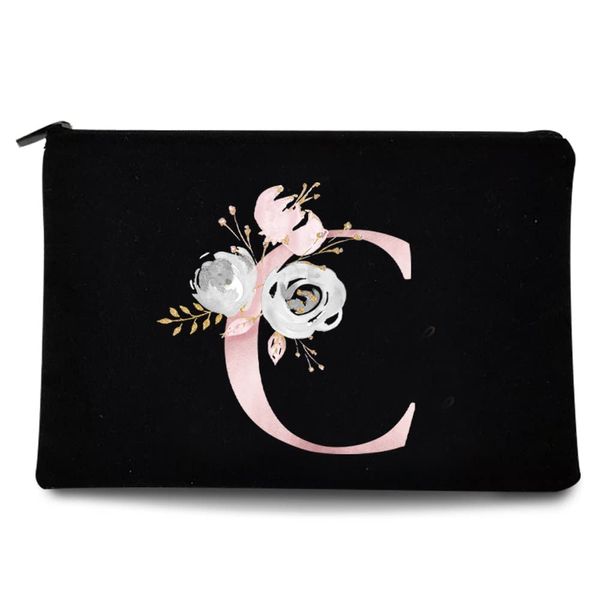 26 Letter Printed Zip Canvas Pouch Makeup Bag Make Up Bag, Cosmetic Travel Bag,Toiletry Bag,Organizer Bags,Toiletry Bags, Bride Bridesmaid Bag,Pencil Bag,Wash Bag,Coin Purse (Pink Flower C)