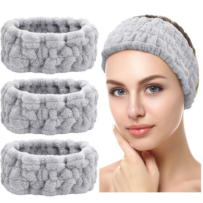 3 Pieces Spa Facial Headband for Makeup and Washing Face Terry Cloth Hairband Yoga Sports Shower Facial Elastic Head Band Wrap for Girls and Women (Gray)