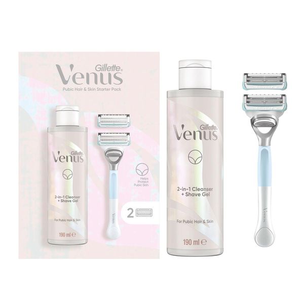 Gillette Venus Women's Razor + 2 Blade Refills + 2in1 Shave Gel and Cleanser 190ml Bundle, Specifically Designed for Pubic Hair & Skin with A PH Balance