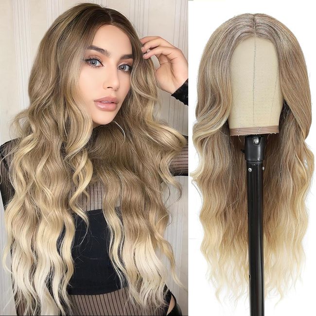 PORSMEER Perücke Damen Ombre Blond Lang locken Gewellt Natürliche Kunsthaar Wig mit Mittelscheitel für Frauen/Mädchen Täglich Kostüm Fasching Cosplay Party Wig