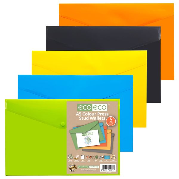 Eco-Eco A5 Recycled Assorted Colours Press Stud Popper Wallet,Plastic Folders (Pack of 5)-Yellow, Green,Blue,Orange,Black - Eco-Friendly,Durable Office Supplies for Document Storage and Organization