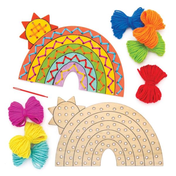 Baker Ross AW420 Rainbow Wooden Threading Kits, Sewing Kits for Kids, Small, Pack of 4, Pieces