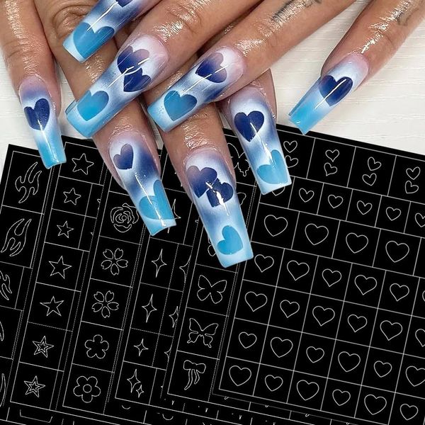 6 Sheets Airbrush Stencils Nail Stickers,3D Hollow Butterfly Flame Four Pointed Stars Heart Star Nail Decals Printing Template Stencil Tool for Women DIY Nail Art Supplies Nail Design Nail Decorations