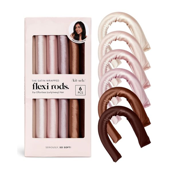 Kitsch Heatless Hair Curler - Satin Covered Heatless Hair Curlers for Overnight Curls | Flexi Rods for Heatless Curls | No Heat Hair Curlers to Sleep In | Curling Rod Curlers for Short Hair - 6pcs