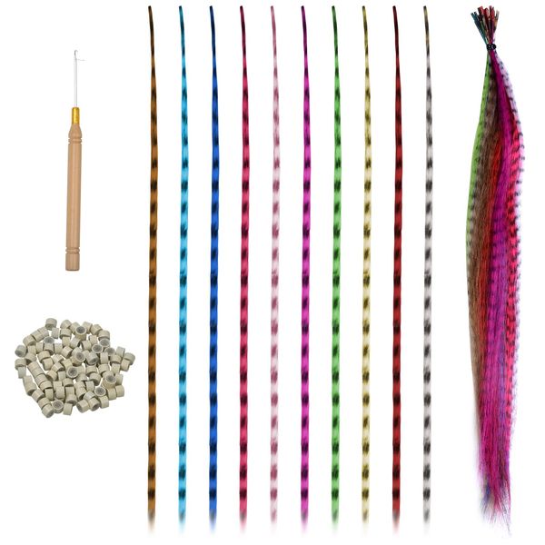 30Pcs Colorful Hair Extensions, 40cm Synthetic Feather Hair Extensions,Hair Tinsel Kit,Hair Extension Kit including 100 Micro Beads and Hook for Women Girls Party Festival Cosplay
