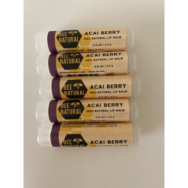 Lots Of 5 BEE NATURAL 100% Natural Lip Balm. Acai Berry FS .15 oz each. New