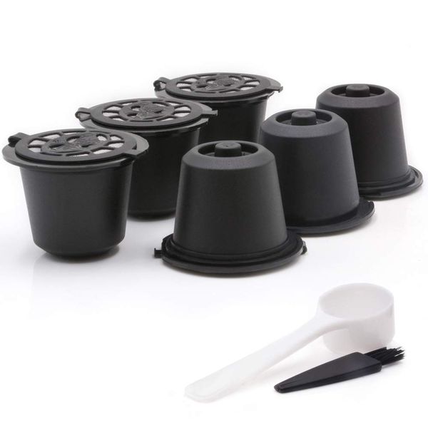 zalati Kaffeekapseln, nachfüllbar, wiederverwendbar, mit Löffel und Bürste für Nespresso-Tassen, OriginalLine-kompatibel, 6 Stück